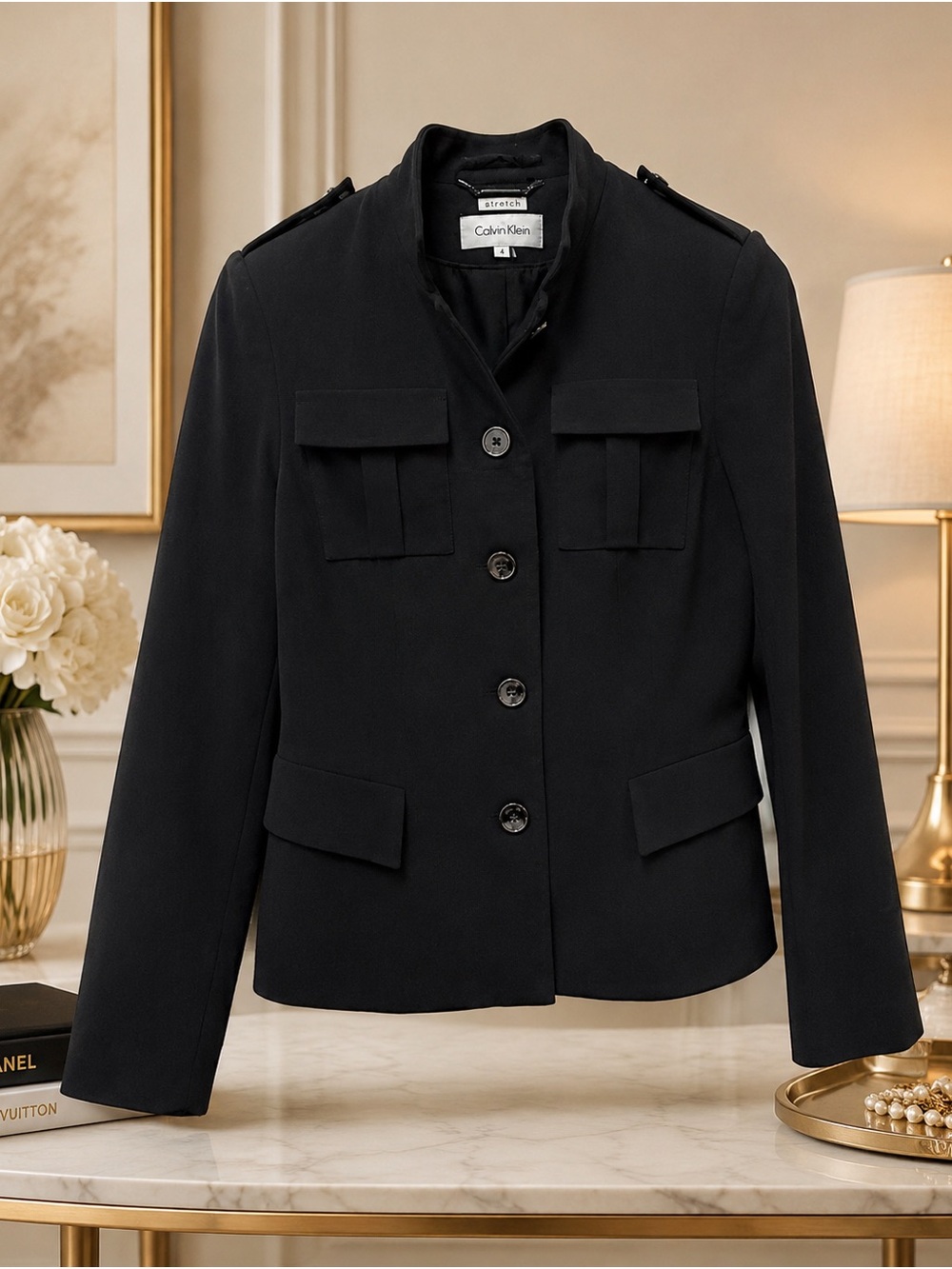 Calvin Klein Women's Black Military-Style Button Front Jacket Size 4